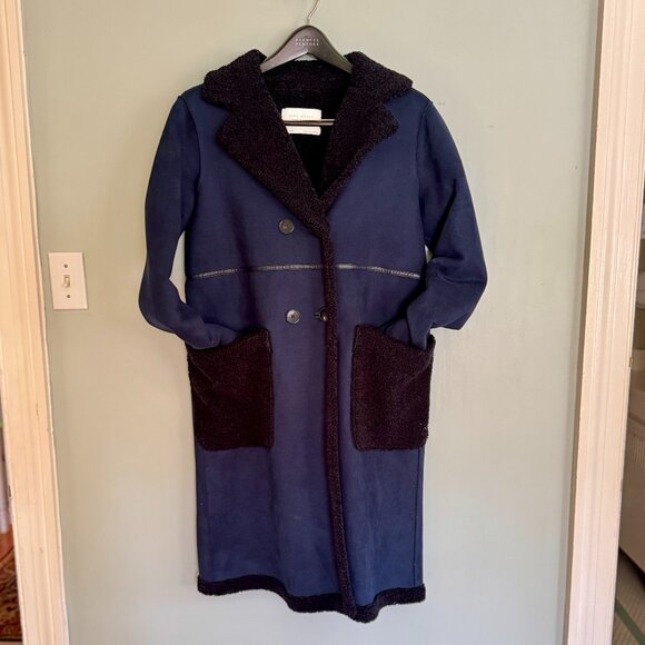 Shearling Style Long Coat in Navy - Picture 1 of 3